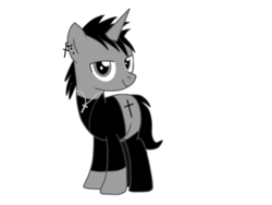 Size: 1024x768 | Tagged: safe, artist:ruchiyoto, edit, oc, oc only, oc:black cross, pony, unicorn, boots, clothes, crucifix, jacket, jewelry, male, necklace, shoes, simple background, smiling, solo, stallion, white background
