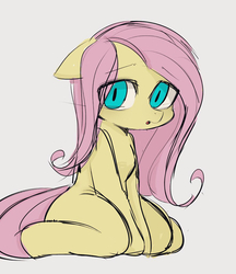 Size: 883x1023 | Tagged: safe, artist:manachaaaaaaaa, fluttershy, pegasus, pony, semi-anthro, g4, anatomically incorrect, arm hooves, eye clipping through hair, female, gray background, incorrect leg anatomy, kneeling, looking at you, mare, simple background, solo, wingless