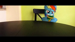 Size: 1280x720 | Tagged: safe, artist:stormxf3, rainbow dash, pegasus, pony, g4, biting, female, food, irl, jar, mare, peanut butter, photo, ponies in real life, solo, table, teeth