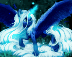 Size: 480x386 | Tagged: safe, artist:thewickedvix, princess luna, pony, g4, alternate design, alternate hair color, animated, female, glowing, glowing horn, horn, long mane, long tail, magic, magic aura, smiling, solo, spread wings, tail, white-haired luna, wings