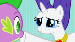 Size: 853x480 | Tagged: safe, screencap, rarity, spike, dragon, pony, unicorn, g4, secret of my excess, animated, boop, falling, female, fire ruby, gem, gif, loop, male, ruby, shipping fuel, speed lines, teary eyes