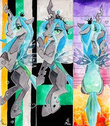 Size: 1024x1180 | Tagged: safe, artist:lailyren, queen chrysalis, changeling, changeling queen, g4, bookmark, crown, female, jewelry, regalia, smiling, solo, tongue out, traditional art, watercolor painting
