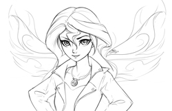 Size: 1000x647 | Tagged: safe, artist:imdrunkontea, sunset shimmer, equestria girls, g4, clothes, ethereal wings, female, grayscale, jacket, leather jacket, looking at you, monochrome, simple background, sketch, solo, white background, wings