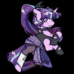 Size: 1000x1000 | Tagged: safe, artist:snowillusory, starlight glimmer, pony, unicorn, g4, black background, clothes, ear piercing, gloves, piercing, ponytail, simple background, solo