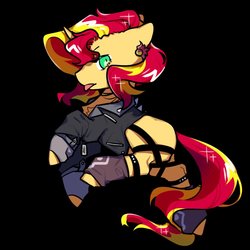 Size: 1000x1000 | Tagged: safe, artist:snowillusory, sunset shimmer, pony, unicorn, g4, black background, clothes, ear piercing, earring, female, jacket, jewelry, leather jacket, piercing, simple background, socks, solo, tongue out