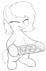 Size: 526x805 | Tagged: safe, artist:smoldix, oc, oc only, oc:filly anon, earth pony, pony, bipedal, chest fluff, cookie, cute, eyes closed, female, filly, food, hoof hold, ocbetes, oven mitts, simple background, sketch, smiling, solo, tray, white background