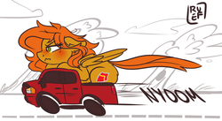 Size: 3739x2044 | Tagged: safe, artist:ruef, oc, oc only, oc:camber, pegasus, pony, blushing, female, high res, mare, nyoom, onomatopoeia, simple background, solo, speed lines, truck, wings