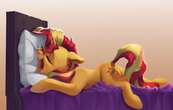 Size: 4000x2550 | Tagged: safe, artist:vanillaghosties, sunset shimmer, pony, unicorn, g4, atg 2019, bed, cute, drool, eyes closed, female, high res, majestic as fuck, mare, newbie artist training grounds, open mouth, shimmerbetes, sleeping, snoring, solo, sweet dreams fuel