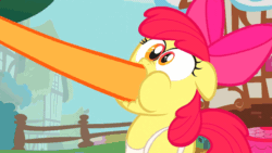Size: 960x540 | Tagged: safe, edit, edited screencap, screencap, apple bloom, applejack, earth pony, pony, call of the cutie, g4, animated, apron, clothes, female, filly, floppy ears, gif, hoof in mouth, offscreen character, wide eyes