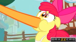 Size: 704x396 | Tagged: safe, edit, edited screencap, screencap, apple bloom, applejack, earth pony, pony, call of the cutie, g4, adult, apron, brazzers, clothes, female, filly, floppy ears, hoof in mouth, offscreen character, wide eyes