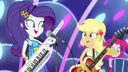 Size: 1920x1080 | Tagged: safe, screencap, applejack, pinkie pie, rarity, equestria girls, equestria girls specials, g4, my little pony equestria girls: better together, my little pony equestria girls: spring breakdown, all good (song), bass guitar, drums, geode of super strength, keytar, magical geodes, microphone, musical instrument, sleeveless