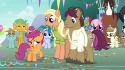 Size: 1920x1080 | Tagged: safe, screencap, cheerilee, mane allgood, ripley, scootaloo, skeedaddle, snails, snap shutter, snips, trouble shoes, zippoorwhill, pegasus, pony, unicorn, g4, the last crusade, colt, male, unshorn fetlocks