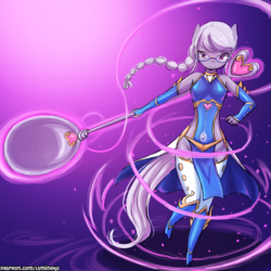 Size: 750x750 | Tagged: safe, artist:lumineko, silver spoon, earth pony, anthro, g4, apple buruma project, clothes, commission, fantasy class, female, glasses, looking at you, purple background, simple background, smiling, solo, spoon