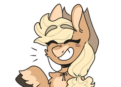 Size: 500x359 | Tagged: safe, artist:bunnykitty13, applejack, earth pony, pony, g4, cheek fluff, chest fluff, coat markings, eye clipping through hair, eyes closed, female, grin, mare, raised hoof, request, simple background, smiling, solo, white background