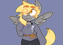 Size: 1280x920 | Tagged: dead source, safe, artist:bunnykitty13, derpy hooves, pegasus, anthro, g4, belt, clothes, cutie mark on clothes, eye clipping through hair, fanny pack, female, looking at you, simple background, smiling, solo