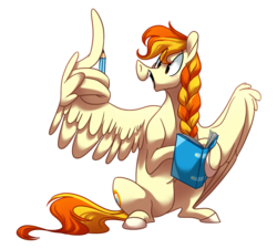 Size: 900x810 | Tagged: safe, artist:longmuzzlepony, oc, oc only, pegasus, pony, book, pegasus oc, pencil, simple background, sitting, solo, spread wings, thumbs up, transparent background, wing hands, wings