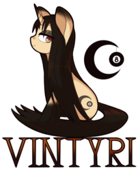 Size: 608x740 | Tagged: safe, artist:vintyri, oc, oc only, oc:sylvine, pony, unicorn, bronycon, 8 ball, badge, eyeshadow, gradient hooves, long hair, long mane, long tail, looking at you, makeup, moon, signature, simple background, solo, transparent background