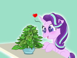 Size: 1024x768 | Tagged: safe, artist:delfinaluther, phyllis, starlight glimmer, pony, unicorn, a horse shoe-in, g4, cargo ship, colored pupils, cute, female, floating heart, glimmerbetes, heart, phylliglimmer, potted plant, shipping, solo