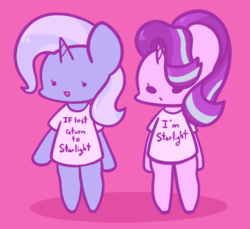 Size: 769x704 | Tagged: safe, artist:typhwosion, starlight glimmer, trixie, pony, unicorn, g4, bipedal, clothes, duo, if lost return to shirt, pink background, shirt, simple background