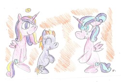 Size: 1794x1220 | Tagged: safe, artist:ptitemouette, princess cadance, princess flurry heart, oc, oc:eclipse, ghost, pony, g4, crying, female, halo, mother and daughter, offspring, parent:oc:ballon frost cake, parent:oc:snowdrop, parents:oc x oc, traditional art