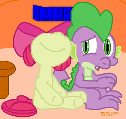Size: 755x712 | Tagged: safe, artist:tagman007, apple bloom, spike, dragon, pony, g4, bow, cute, female, filly, male, nose in the air, open mouth, ship:spikebloom, shipping, sitting, smiling, straight