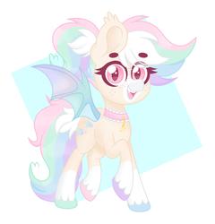 Size: 2951x3075 | Tagged: safe, artist:ninnydraws, oc, oc only, oc:cotton clouds, bat pony, pony, coat markings, collar, cute, facial markings, fangs, female, happy, high res, looking at you, multicolored mane, multicolored tail, pastel, raised hoof, simple background, snip (coat marking), socks (coat markings), solo, tail, white background