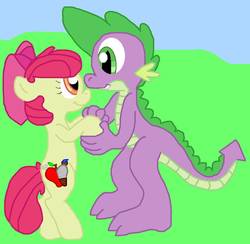 Size: 904x884 | Tagged: safe, artist:tagman007, apple bloom, spike, dragon, pony, g4, alternate cutie mark, bow, cute, female, filly, holding hands, looking at each other, male, older, older apple bloom, older spike, ship:spikebloom, shipping, smiling, straight