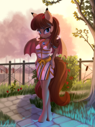Size: 1500x2000 | Tagged: safe, artist:discordthege, artist:lunebat, oc, oc only, oc:lunette, bat pony, anthro, unguligrade anthro, anthro oc, bat pony oc, clothes, collaboration, cute, dress, female, looking at you, mare, nail polish, park