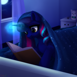 Size: 3000x3000 | Tagged: safe, artist:nika-rain, oc, oc only, alicorn, pony, bedroom, blanket, book, cute, high res, night, solo, window