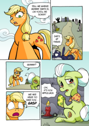 Size: 1201x1700 | Tagged: safe, artist:tarkron, applejack, granny smith, oc, oc:tara, earth pony, pony, comic:ghosts of the past, g4, candle, comic, crying, dialogue, female, floppy ears, gasp, graveyard, hatless, looking down at you, mare, missing accessory