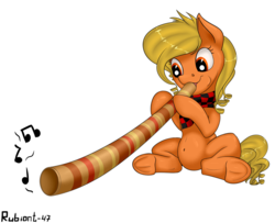 Size: 1500x1220 | Tagged: safe, artist:rubiont, derpibooru exclusive, oc, oc only, earth pony, pony, clothes, didgeridoo, female, mare, music notes, musical instrument, scarf, simple background, sitting, solo, transparent background