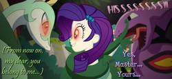 Size: 1319x606 | Tagged: safe, artist:snakeythingy, rarity, arbok, serperior, equestria girls, g4, coiling, coils, female, forest, hissing, hypno eyes, hypnosis, hypnotized, master, pokémon, slavery, smiling, solo, story included, text