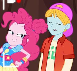 Size: 681x630 | Tagged: safe, screencap, fry lilac, pinkie pie, equestria girls, equestria girls series, five lines you need to stand in, g4, spoiler:eqg series (season 2), background human, backwards ballcap, baseball cap, cap, cropped, eyes closed, female, geode of sugar bombs, hat, magical geodes, male