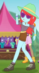Size: 330x612 | Tagged: safe, screencap, peppermint azure, scribble dee, accountibilibuddies, equestria girls, equestria girls series, g4, spoiler:choose your own ending (season 2), spoiler:eqg series (season 2), background human, clothes, female, hat, legs, shorts, solo, sunglasses, tongue out
