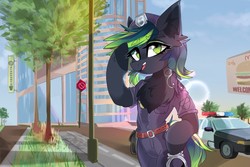 Size: 1280x853 | Tagged: safe, artist:butterbit, oc, oc only, oc:viridity incresent, semi-anthro, arm hooves, clothes, cuffs, police uniform, scenery, solo, ych result
