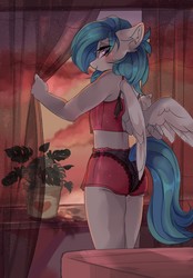 Size: 892x1280 | Tagged: safe, artist:butterbit, oc, oc only, pegasus, anthro, anthro oc, bed, clothes, curtains, female, mare, panties, plant, plant pot, see-through, solo, underwear, window
