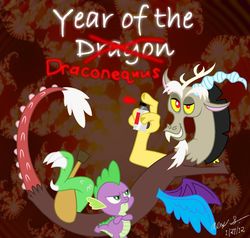 Size: 1024x975 | Tagged: safe, artist:aleximusprime, discord, spike, draconequus, dragon, g4, chinese new year, floating, graffiti, grin, smiling, smirk, spray can, upset, year of the dragon