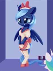 Size: 1379x1852 | Tagged: safe, artist:dusthiel, princess celestia, princess luna, alicorn, pony, g4, atg 2019, bipedal, blushing, camera, clothes, dress, embarrassed, female, maid, mare, newbie artist training grounds, open mouth, royal sisters, s1 luna, siblings, sisters, socks, solo, standing, stockings, thigh highs