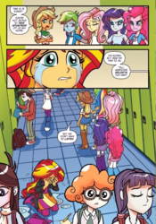 Size: 468x668 | Tagged: safe, idw, official comic, applejack, dj pon-3, fluttershy, normal norman, pinkie pie, rainbow dash, rarity, scribble dee, starlight, sunset shimmer, velvet sky, vinyl scratch, equestria girls, g4, spoiler:comicholiday2014, abuse, background human, crying, humane five, sad, shimmerbuse, sunset being bullied