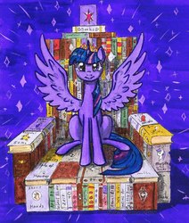 Size: 916x1080 | Tagged: safe, artist:select name, twilight sparkle, alicorn, pony, g4, book, bookhorse, that pony sure does love books, throne, twilight sparkle (alicorn)