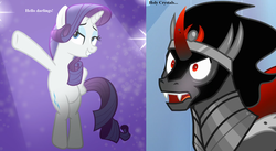 Size: 1746x960 | Tagged: safe, edit, edited screencap, screencap, king sombra, rarity, pony, unicorn, fake it 'til you make it, g4, the beginning of the end, armor, bedroom eyes, bipedal, cape, caption, clothes, cute, dialogue, fangs, female, funny, image macro, in love, male, mare, pose, shipping, sombradorable, sombrarity, stallion, straight, text