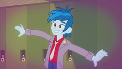 Size: 1280x720 | Tagged: safe, screencap, thunderbass, human, equestria girls, g4, music to my ears, my little pony equestria girls: rainbow rocks, arms spread out, background human, clothes, jacket, lockers, male, necktie, smiling, solo