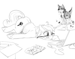 Size: 1280x1006 | Tagged: safe, artist:silfoe, oc, oc only, oc:silfoe, dog, earth pony, pony, book, box, clothes, computer, computer mouse, cute, female, glasses, grayscale, laptop computer, mare, monochrome, prone, scissors, shirt, simple background, solo, white background