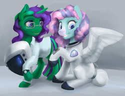Size: 1280x989 | Tagged: safe, artist:silfoe, oc, oc only, oc:buggy code, oc:sugar star, pegasus, pony, unicorn, astronaut, commission, female, glasses, mare, spacesuit, spread wings, wing sleeves, wings