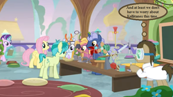 Size: 592x333 | Tagged: safe, edit, edited screencap, editor:korora, screencap, doctor whooves, fire flicker, fluttershy, midnight snack (g4), sandbar, starlight glimmer, summer meadow, time turner, bird, a horse shoe-in, g4, chalkboard, classroom, cropped, doctor who, erlenmeyer flask, fan, friendship student, pillow, school of friendship, school reunion, scissors, thought bubble, weight