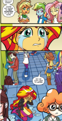 Size: 660x1283 | Tagged: safe, idw, official comic, applejack, dj pon-3, fluttershy, normal norman, pinkie pie, rainbow dash, rarity, scribble dee, sunset shimmer, velvet sky, vinyl scratch, equestria girls, g4, spoiler:comicholiday2014, abuse, background human, cropped, crying, humane five, sad, shimmerbuse, sunset being bullied
