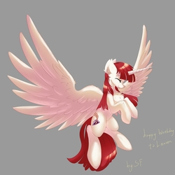 Size: 6176x6176 | Tagged: safe, artist:silver fox, oc, oc only, oc:fausticorn, alicorn, pony, alicorn oc, chest fluff, eyes closed, female, flying, gray background, happy birthday lauren faust, mare, palindrome get, simple background, smiling, solo, spread wings, wings