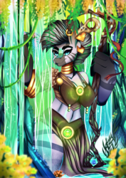 Size: 2480x3508 | Tagged: safe, artist:iblisart, zecora, zebra, anthro, g4, breasts, busty zecora, clothes, ear piercing, earring, female, forest, high res, jewelry, looking at you, piercing, solo