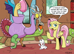 Size: 2047x1492 | Tagged: safe, artist:pony-berserker, angel bunny, discord, fluttershy, draconequus, pegasus, pony, rabbit, g4, animal, fluttershy is not amused, pun, teapot, tongue out, unamused, visual pun