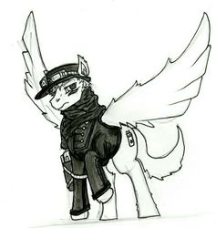 Size: 1035x1090 | Tagged: safe, artist:charbold, oc, oc only, oc:wattson, pegasus, pony, fallout equestria, black and white, clothes, enclave, enclave uniform, fallout, fanfic, fanfic art, goggles, grayscale, hat, monochrome, pegasus oc, raised hoof, solo, spread wings, uniform, wings